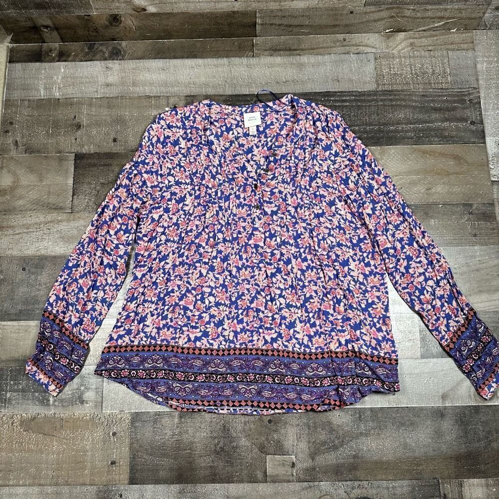 Knox Rose Women’s Size Large Boho Pintuck Blouse Blue Floral Print Long Sleeve